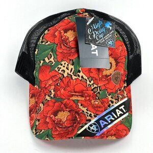Ariat Women's Red/Black Floral Cheetah Print Mesh Snapback High Pony Cap OS NWT